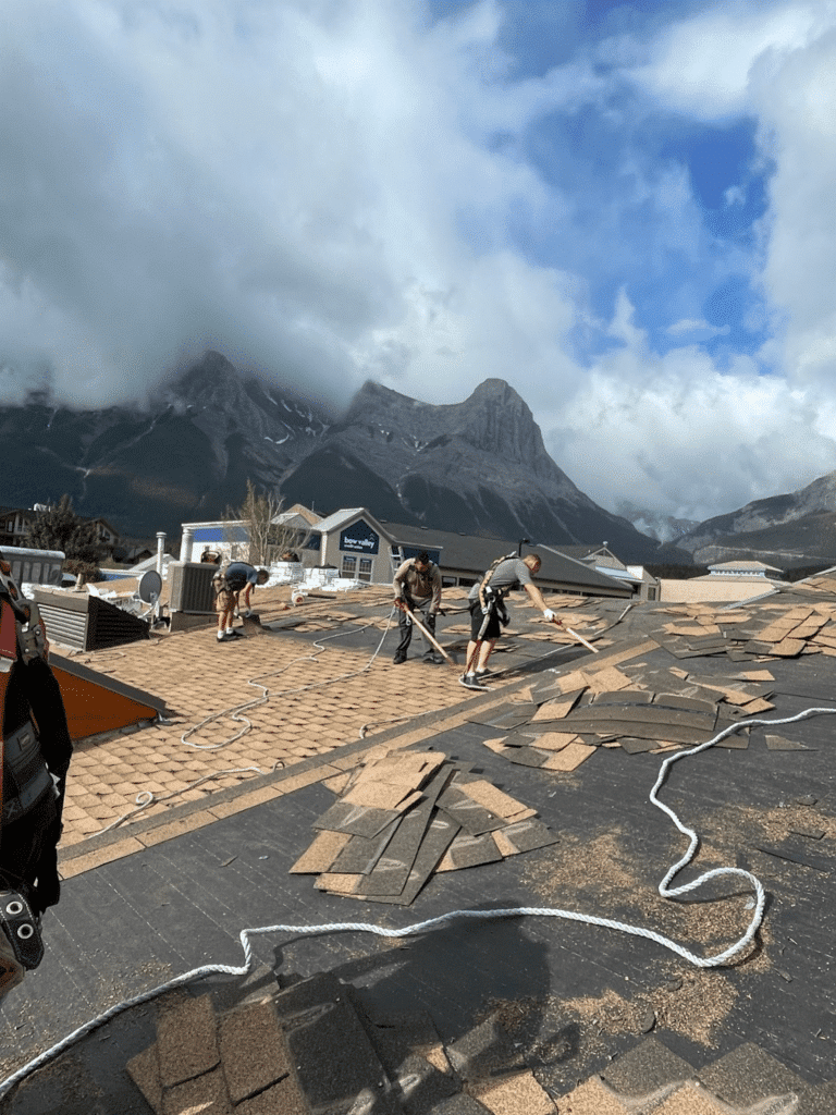 Workers replacing the shingles on a roof