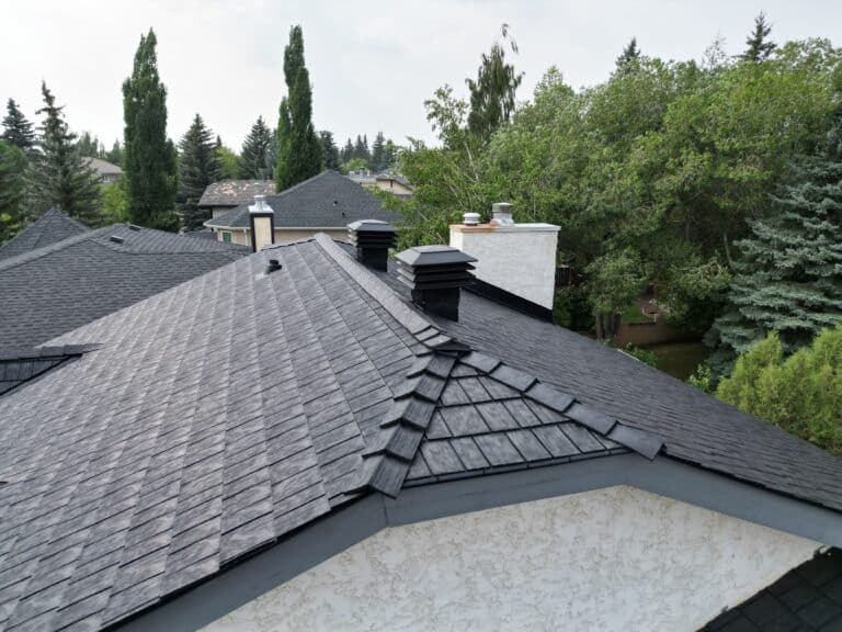 A view of a roof with rubber shingles